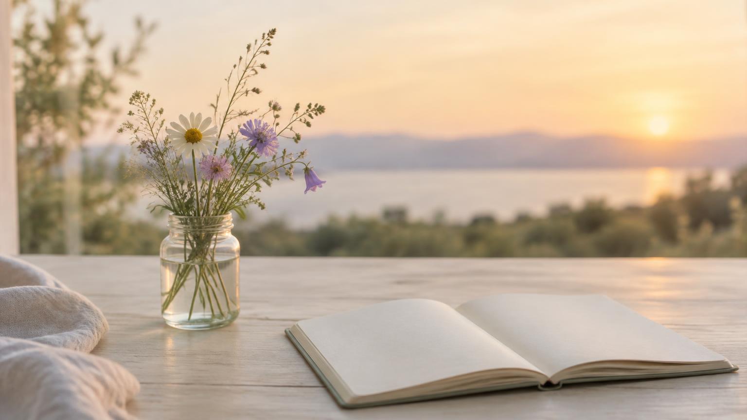 Wildflowers in a glass jar beside a notebook in golden evening light.