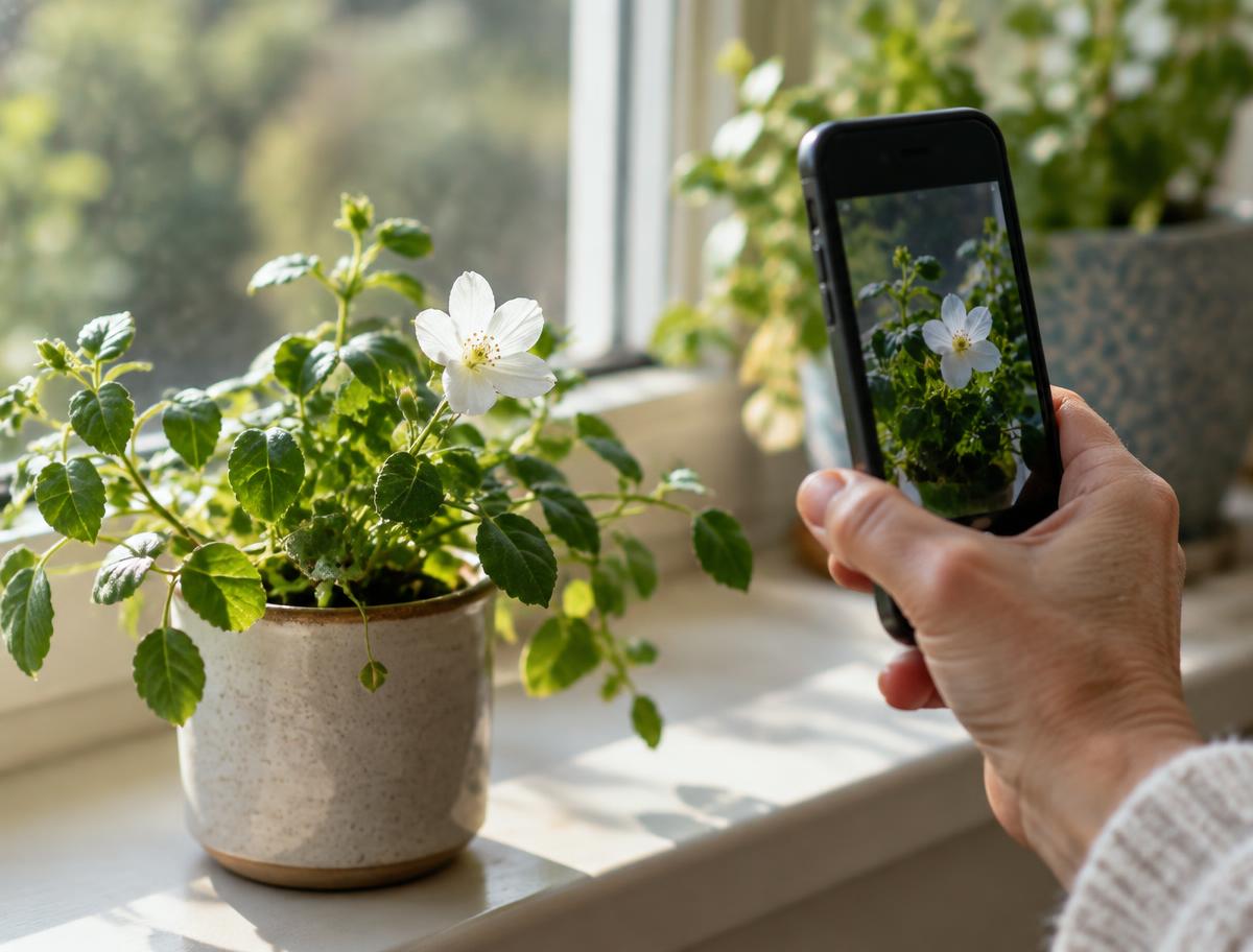 A hand holds a phone to photograph a small white flower.